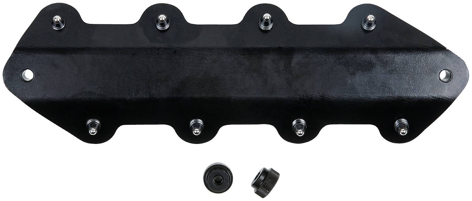 Black plastic cover with multiple screwed fixing points and two separate, interchangeable end caps underneath.