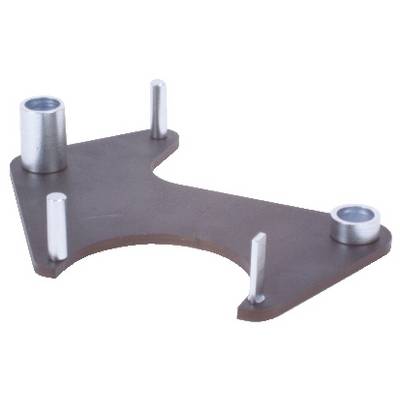 Metal plate with several protruding cylindrical pins and sockets, presumably a machine component or assembly tool.