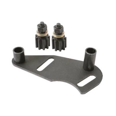Black metal part with two mountings, alongside two small gears with nuts.