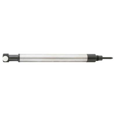 Silver cylindrical device with a black end, likely a pneumatic or hydraulic actuator, shown from the side.