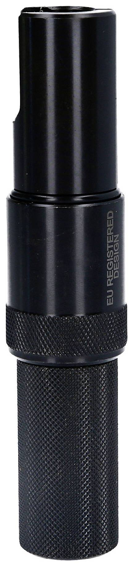 Black microphone adapter with knurled grip, suitable for connecting microphones with different plug types.