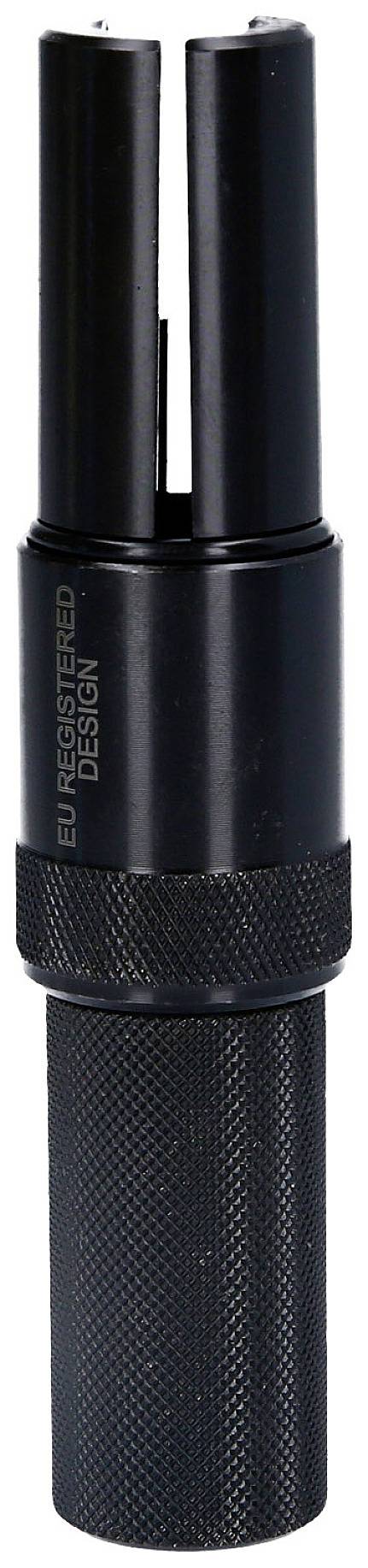 A black, cylindrical tool with a knurled grip surface. Upper section open, possibly a specialised tool.