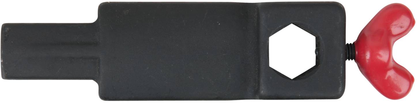 A black adjustable spanner with a red wing nut at the end.