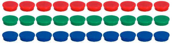 Five rows with five plastic closures each in red, green and blue.