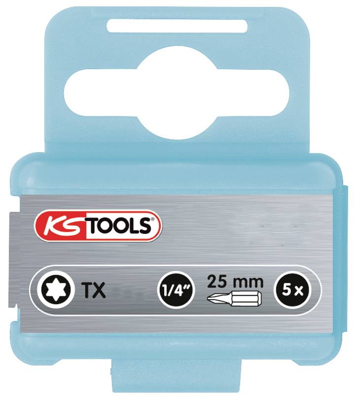 Image of a KS Tools packaging with a set of Torx bits. Details: TX, 1/4", 25 mm, 5 pieces.