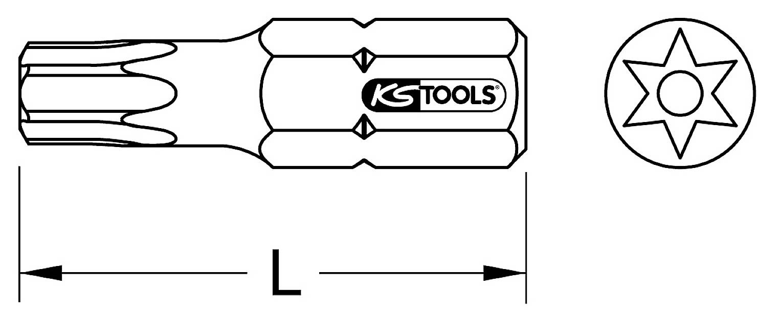 Torx bit from KS Tools with measured length 'L'. On the right, a schematic representation of the Torx profile.