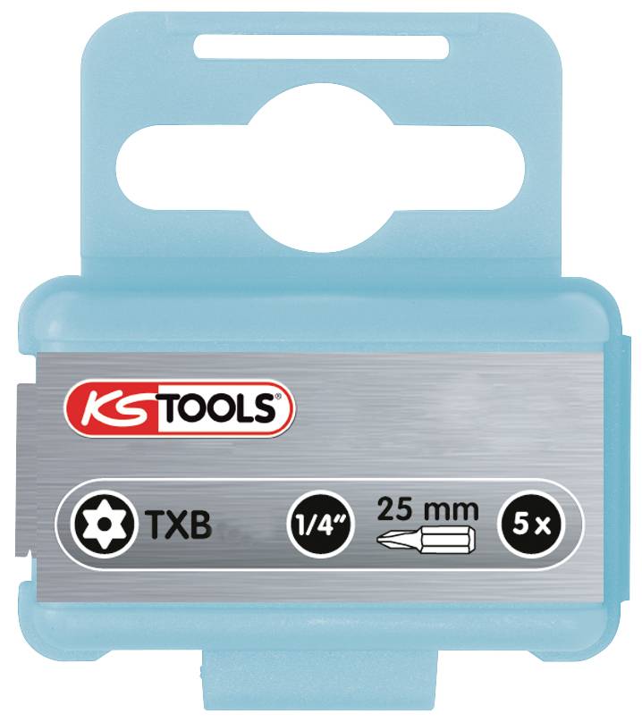 Packaging for a 25 mm TXB Bit by KS Tools, showing the logo and details: 1/4 inch, pack of 5.