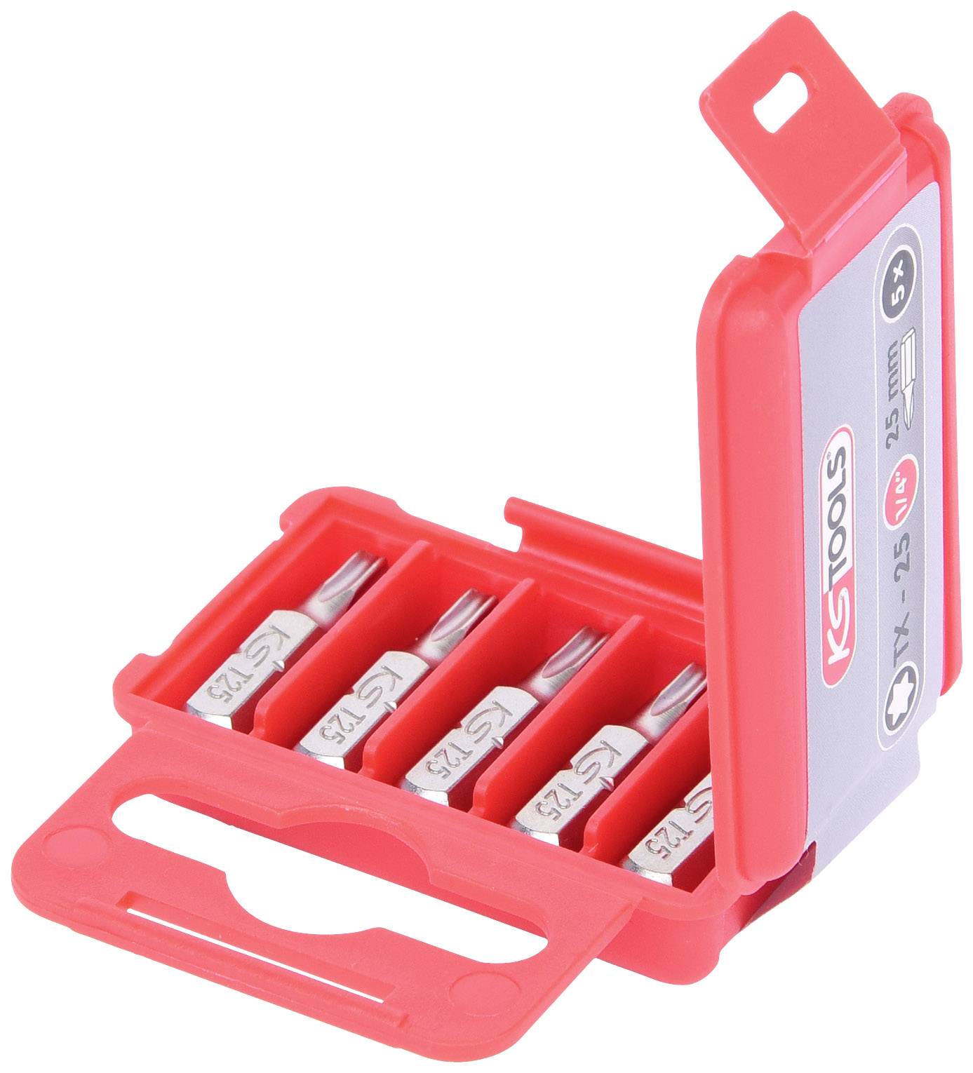 Red box with five silver fuses, partially opened. Each fuse is labelled '5A' and secured in a separate compartment.