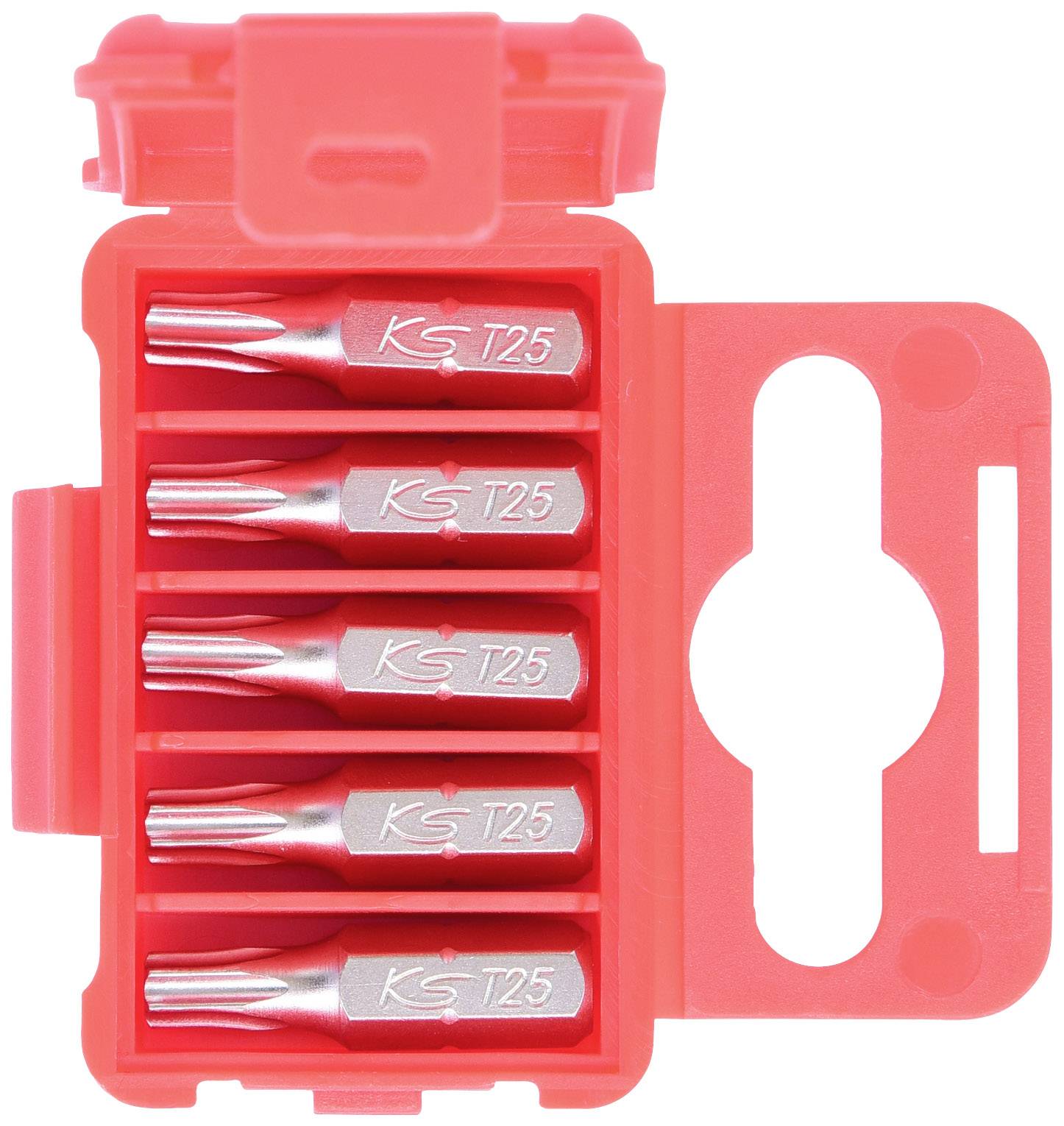Five Torx T25 bits arranged in a red, open plastic box.