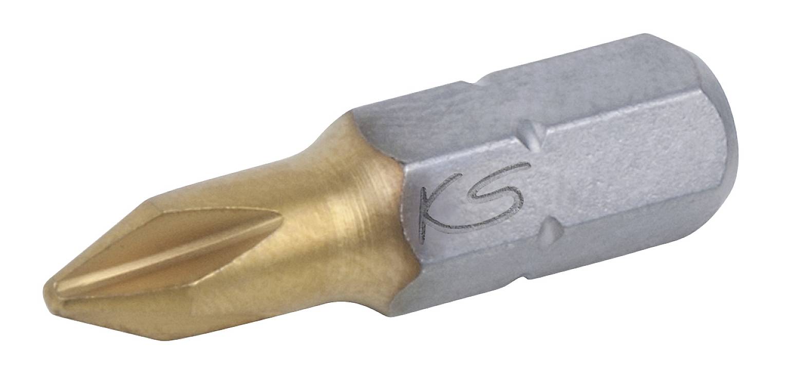 A golden and silver metal screwdriver bit with a hexagonal shaft. 'KS' is engraved on it.