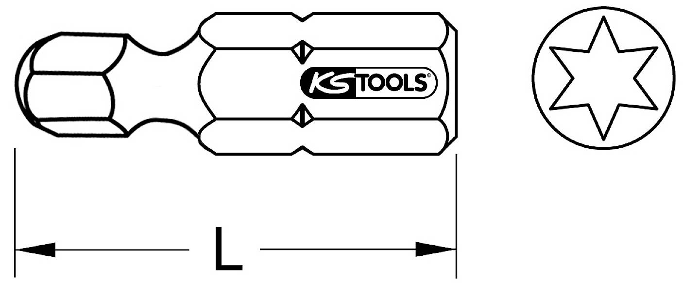 'KS Tools' Star Bit, cylindrical with hexagonal shank, length 'L', star profile shows nine teeth for screw drive.