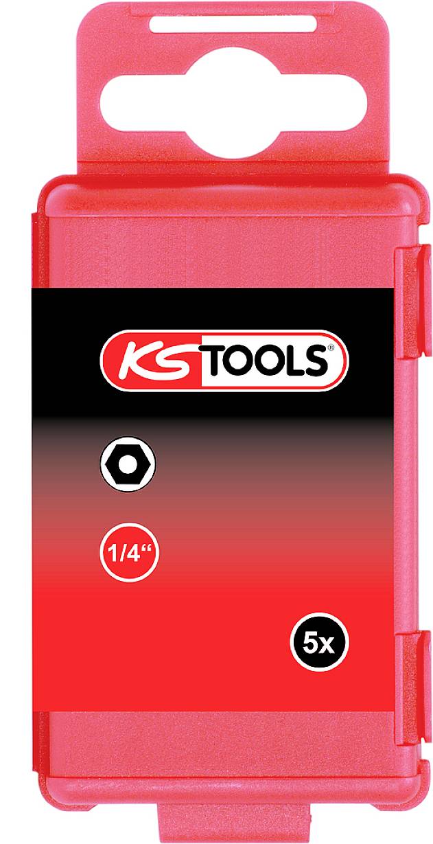 Red packaging with 'KS Tools' logo, showing 1/4-inch hexagonal socket set, 5 pieces included.