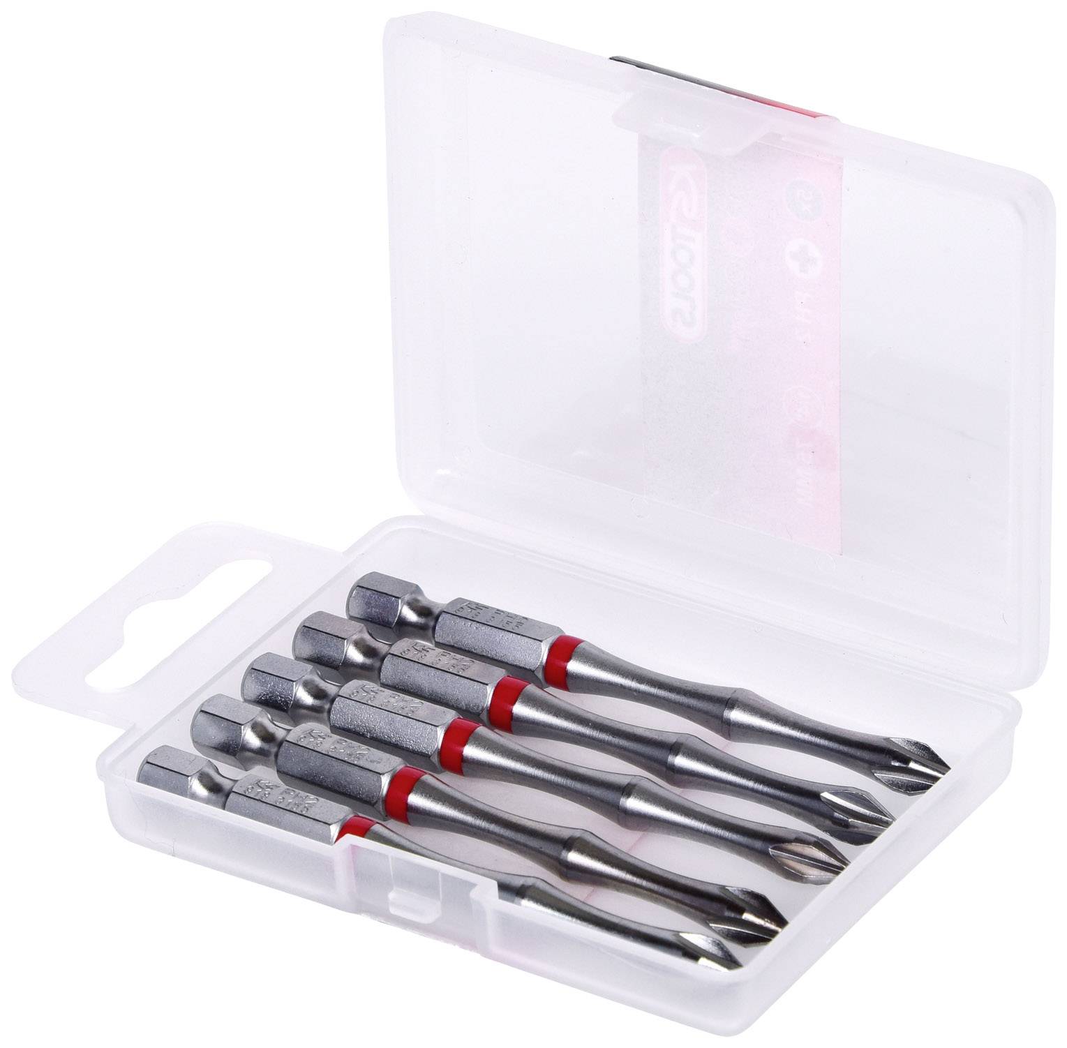 A plastic box containing five screwdrivers with metal tips and red markings, opened, clearly displays its contents.