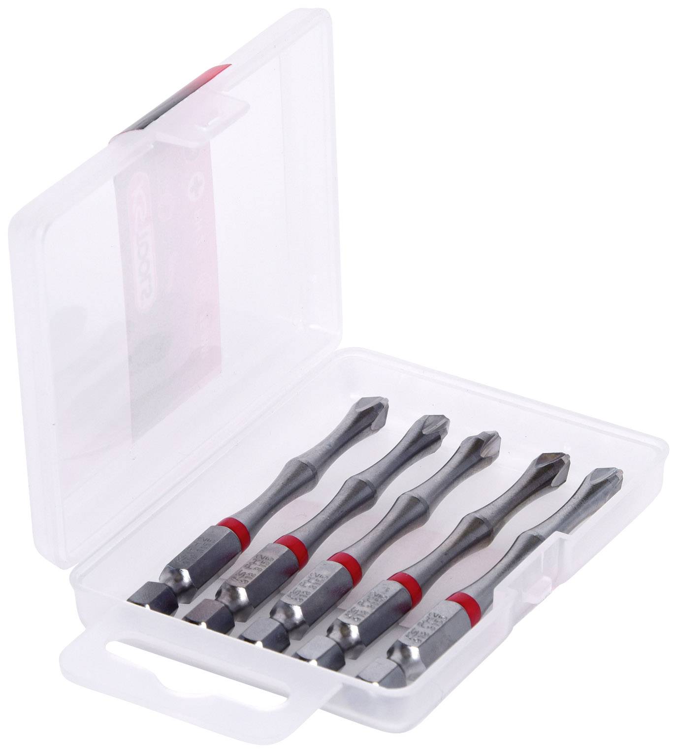 'An opened plastic case containing five black screwdriver bits with red and silver markings.'