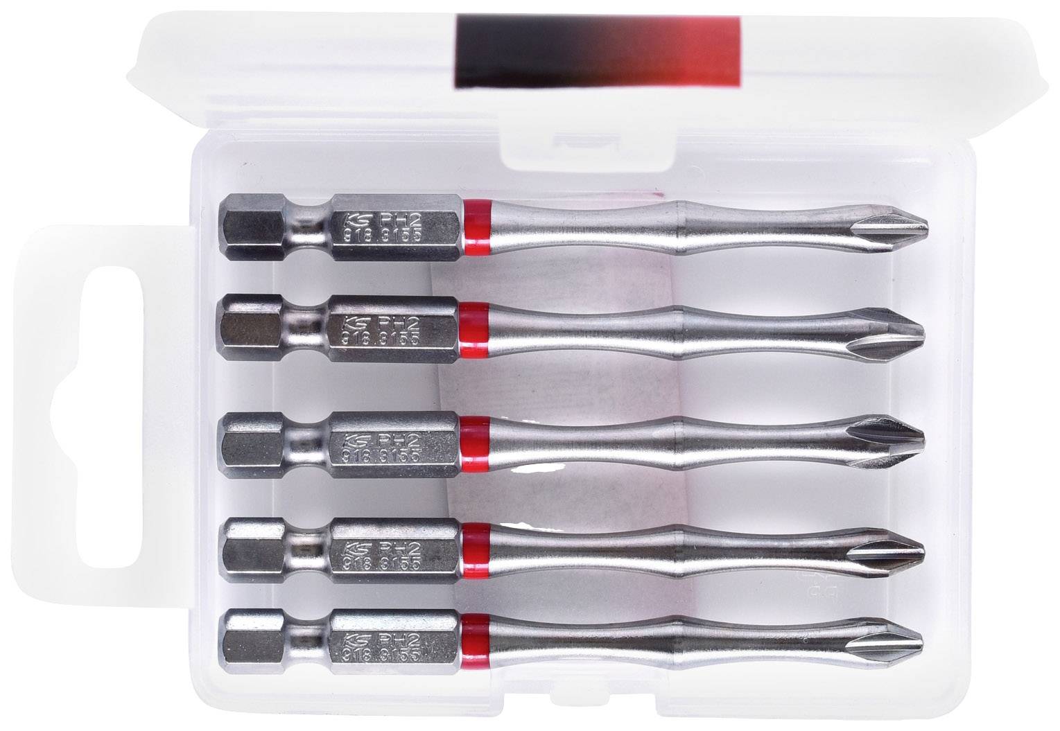 A set of five screwdriver bits with cross-head tips in a clear plastic box.