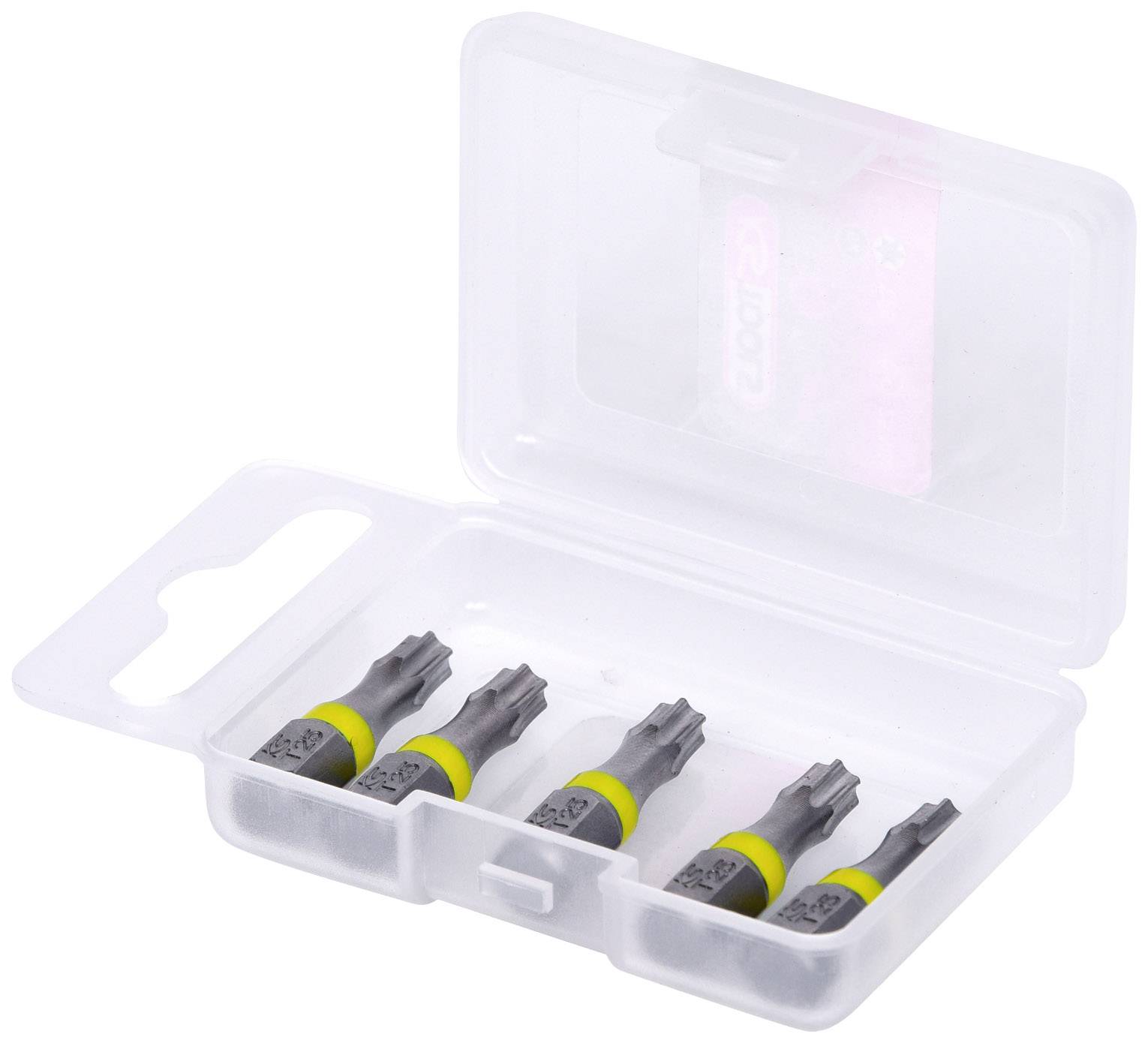Plastic box with open lid, containing five silver Torx bits with yellow details.