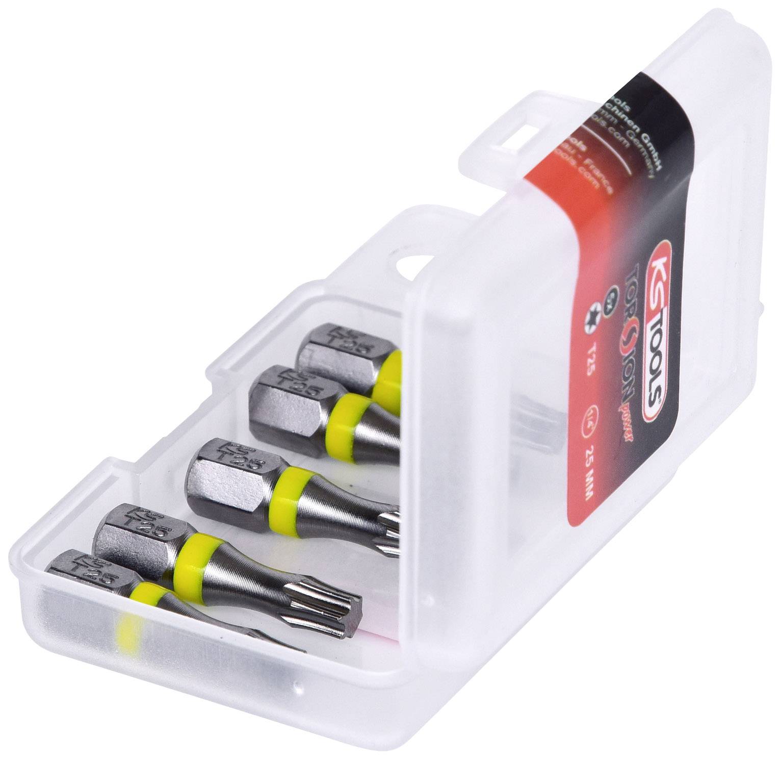 An open plastic case containing Torx bits in size T25, surrounded by a transparent packaging with the 'KS Tools' logo.