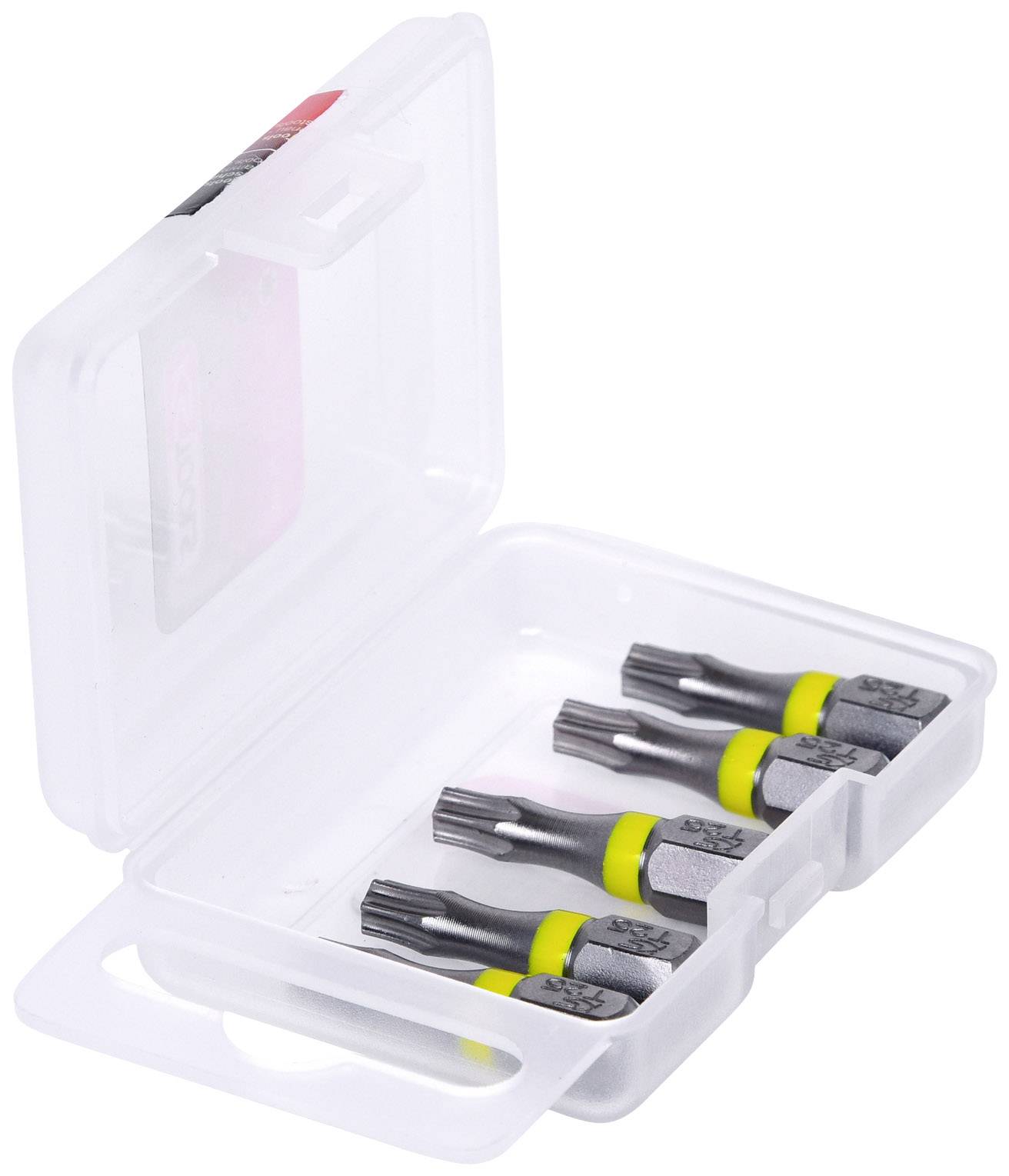 A set of five star-shaped screwdriver bits in a clear plastic box.