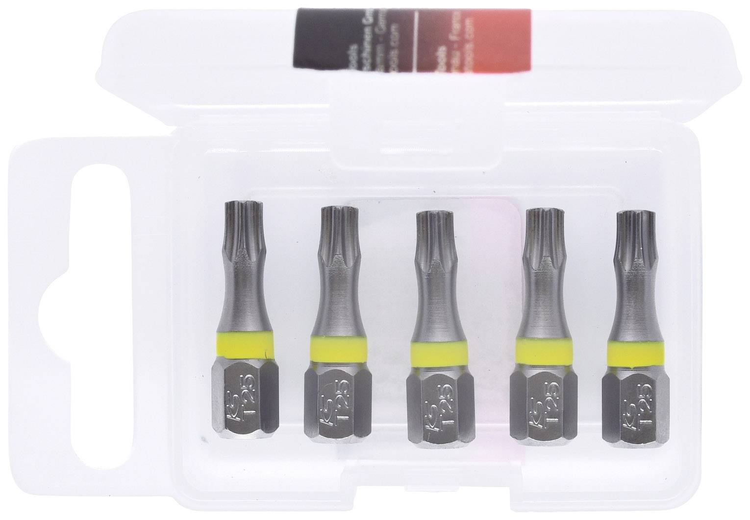 Five Torx bits in a transparent plastic box, with a yellow marker. Suitable for screwdrivers.