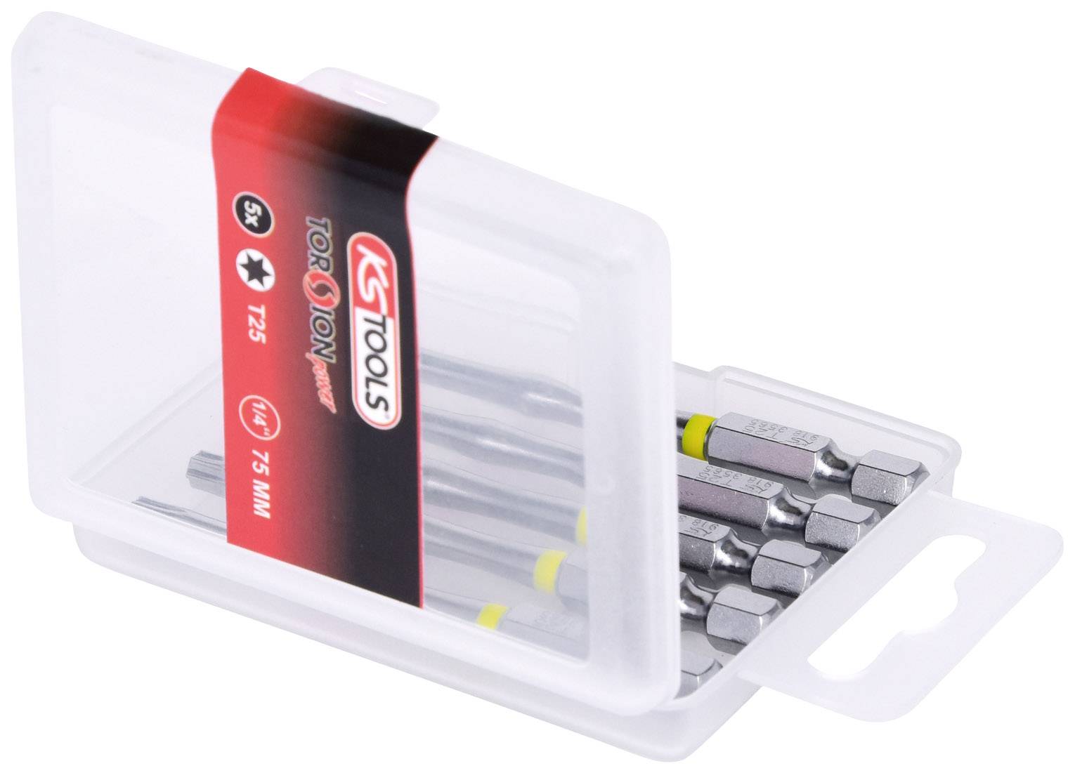 An open plastic packaging contains several T25 screwdriver bits by the brand KS Tools.