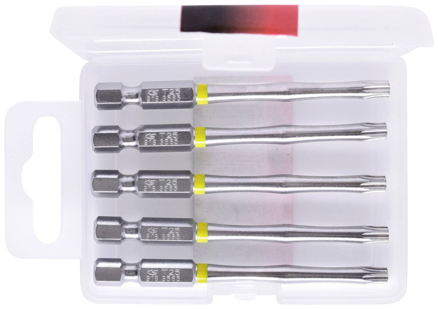 Five silver screwdriver bits in a clear plastic box, each marked with a yellow ring.