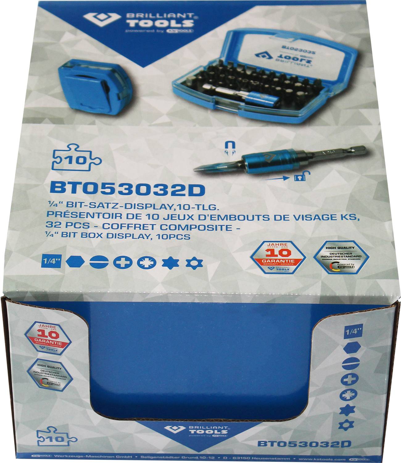 Tool set consisting of bits and a screwdriver handle, presented in a blue and white packaging, 10-piece set.