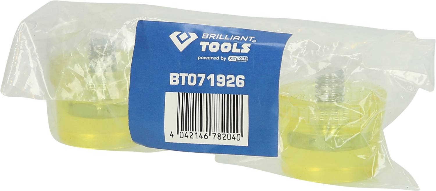 Plastic packaging containing two yellow tool components and a blue label with the text 'Brilliant Tools, BT071926, Barcode'.