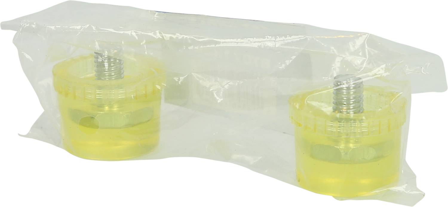 Two yellow round objects with silver fastenings, packaged in a transparent plastic sleeve.