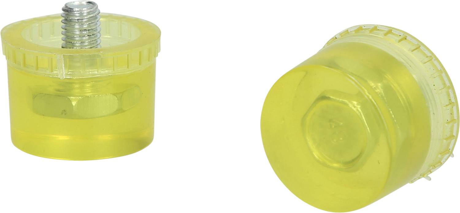 Two yellow rubber buffers, one upright with a pin, the other lying horizontally.