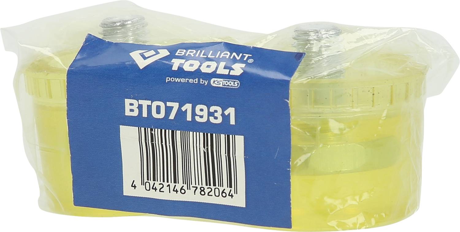 Two yellow oil filters, wrapped in plastic, with a blue label 'Brilliant Tools BT071931' and barcode.