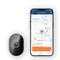 A smartphone displays an app with a map and location tracking. Beside it lies a GPS device with an SOS button.