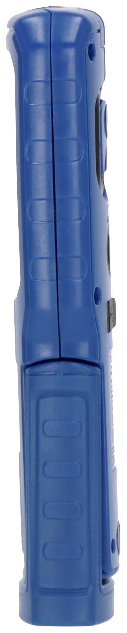 A blue handheld barcode scanner viewed from the side. The device has a long form with a textured grip.