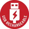 A red symbol with a USB icon and a lightning bolt in the centre, surrounded by the text 'USB RECHARGEABLE', indicating rechargeable devices.