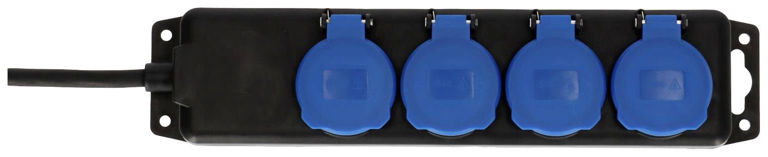A black multi-socket extension with four blue protective covers that protect against moisture.