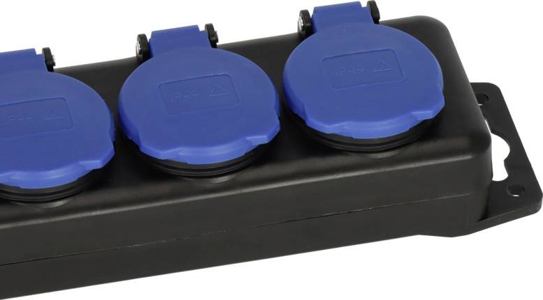 'Triple socket strip with blue covers in a black housing, suitable for outdoor use.'