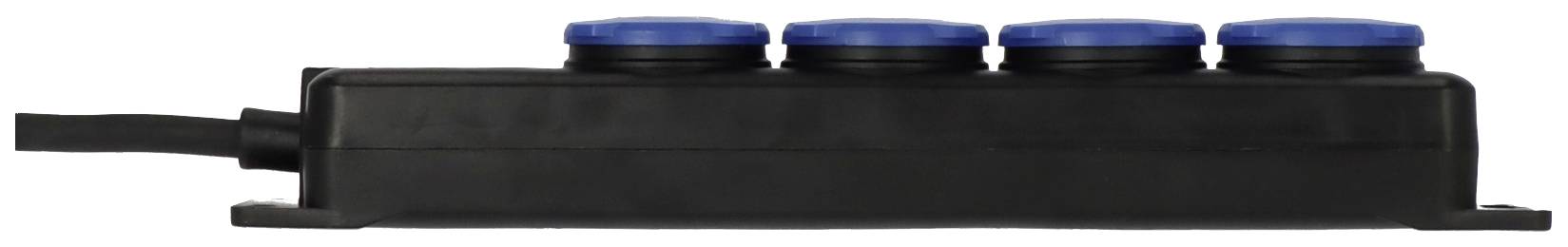 A black adapter with four blue plug sockets in a row, side view.