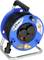 'Cable reel with 25 m long cable and three plug sockets. Blue drum on a silver stand with a black handle.'