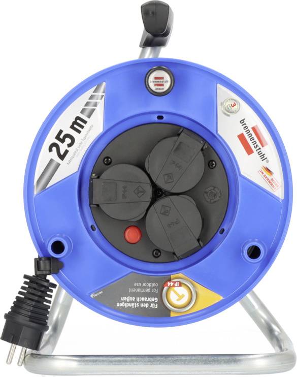 A blue cable reel with 25 metres of cable length, black handle, multiple socket outlets and power cable.