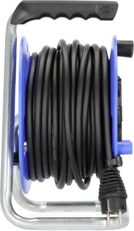 An extension lead on a cable reel with a black cable and blue frame, suitable for outdoor power supply.
