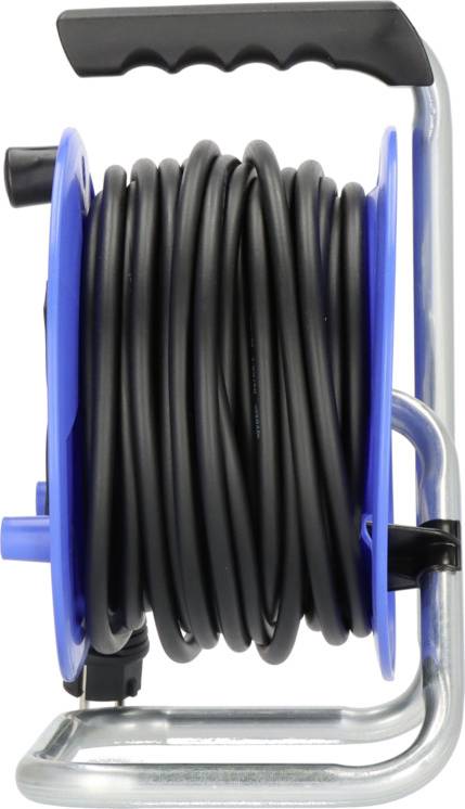 A blue cable drum holder with a black cable wound around it, attached to a silver metal frame with a handle.