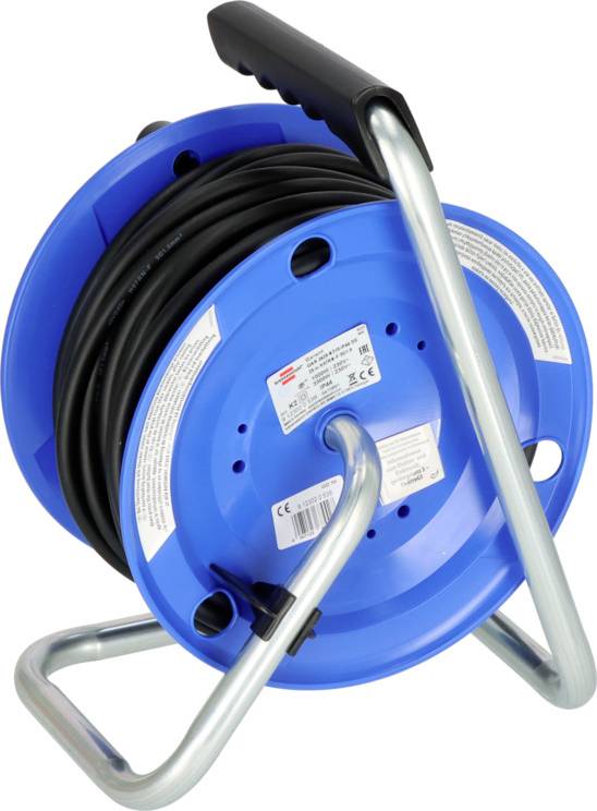 Blue cable reel with black cable, mounted on a silver metal frame with handle. Suitable for use both indoors and outdoors.