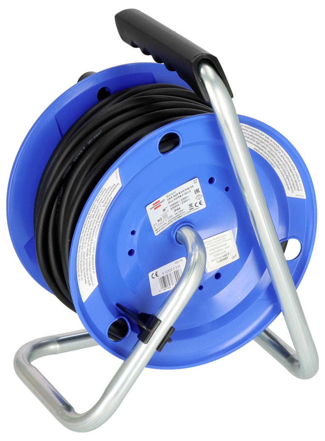 Blue cable reel with a black power cord and metal frame handle on a white background.