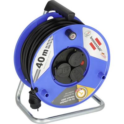 Blue 40 m cable reel on a metal stand with four covered sockets and a black carry handle.