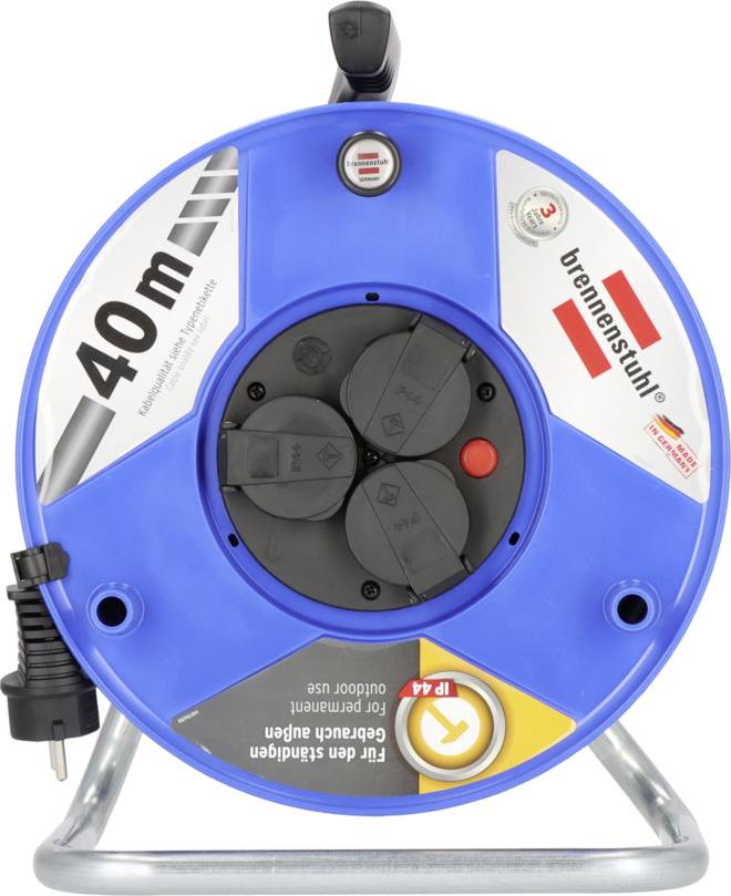 Blue cable reel from Brennenstuhl with 40 metres of cable length, featuring four plug sockets, suitable for indoor use.