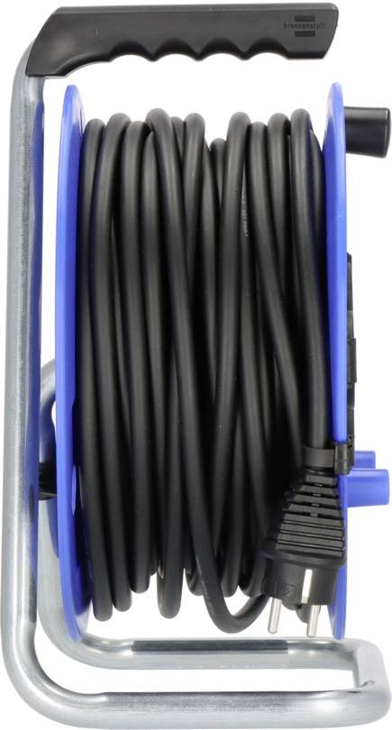 Cable reel with black cable and plug, standing upright on a blue housing with handle, for power connection.
