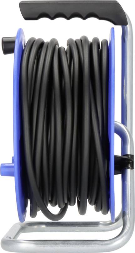 A blue cable reel with a black cable, vertically mounted on a metal frame, with a handle on top for easy transportation.