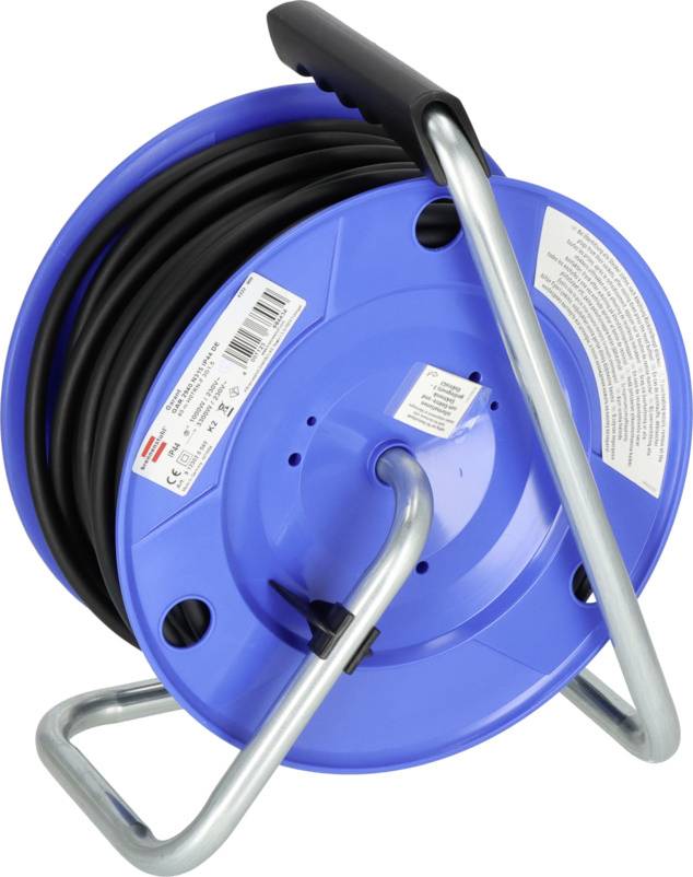 Blue cable reel with black cable, on a silver metal stand.