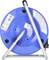 Blue cable reel on a silver stand, black socket at the edge, labels with product information and safety instructions.