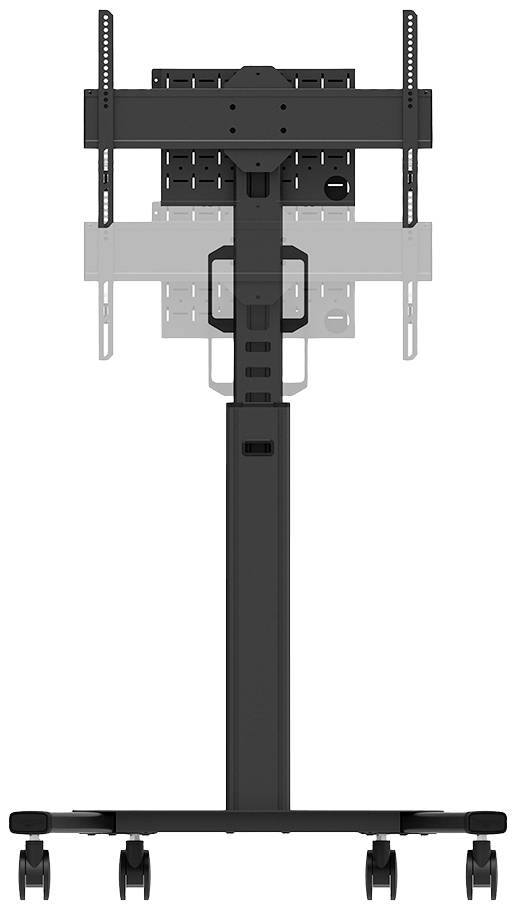 Mobile TV stand with four castors, suitable for TVs of various sizes. Height-adjustable, robust construction for easy movement.