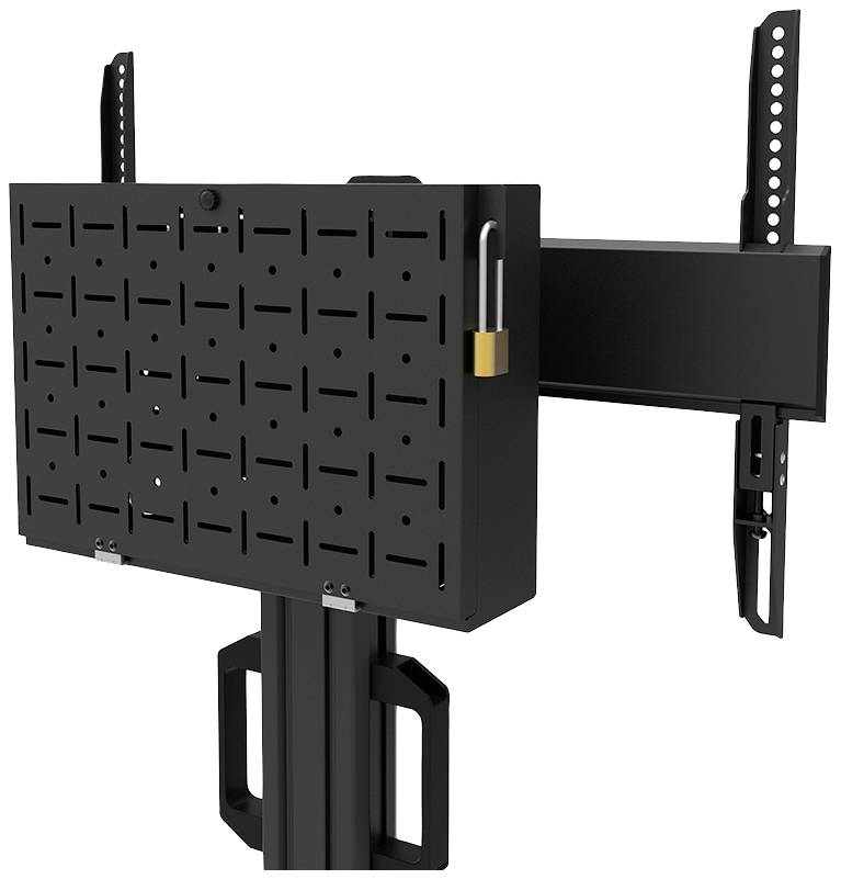Black metal mounting bracket with rectangular screen holder, safety lock, designed for wall mounting, with adjustable arms.